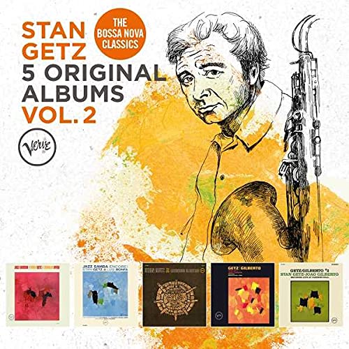 CD cover for Stan Getz’s “5 Original Albums, Vol. 2” with portrait and album art.