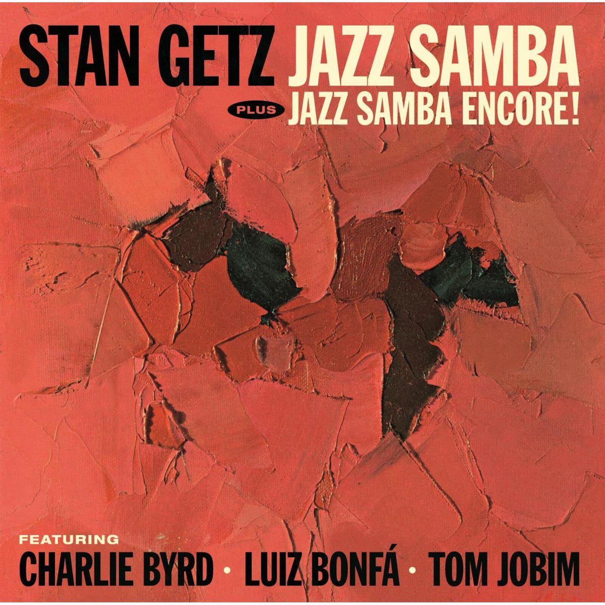 CD cover for Stan Getz’s “Jazz Samba” with red textured background.