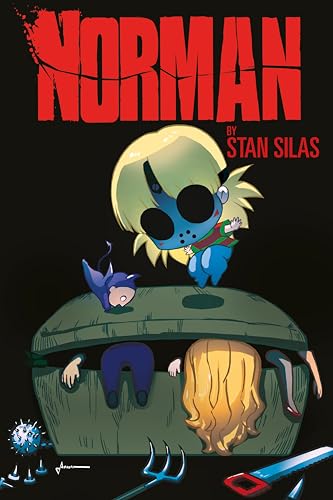 Cartoon illustration of a blue, masked figure above a coffin with limbs protruding.