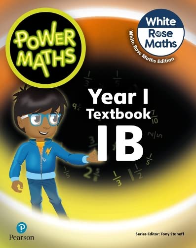 “Power Maths” textbook 1B cover with a boy and math equations.
