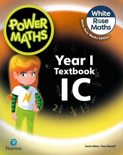 Power Maths Year 1 Textbook 1C cover with an illustrated girl and math symbols.