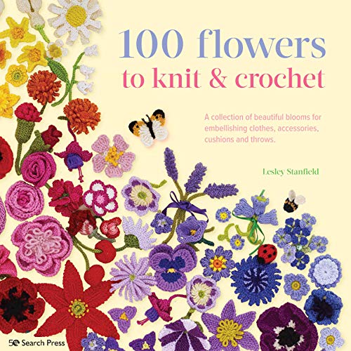 Book cover featuring various colorful knitted and crocheted flowers on a light yellow background.