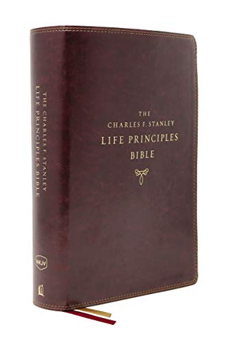 Burgundy leathersoft Bible with gold lettering, closed and standing upright.