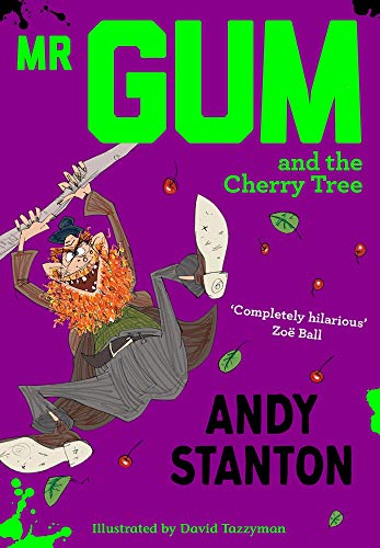Book cover for Mr Gum and the Cherry Tree featuring a cartoonish man jumping.