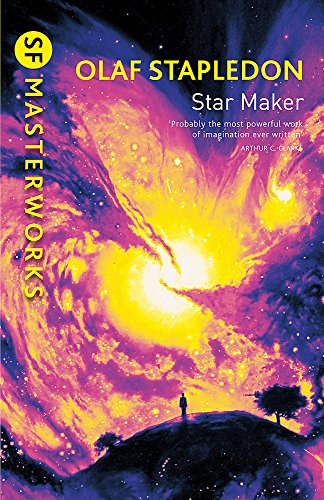 "Book cover with swirling purple and yellow nebula, person on hill, and starry night sky."