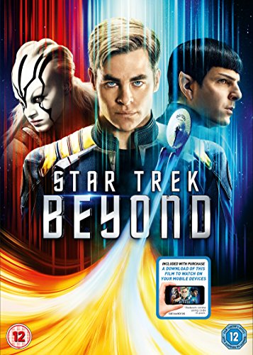 "Star Trek Beyond DVD cover featuring three characters against a colorful, abstract background."