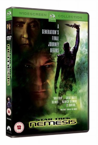 Star Trek Nemesis" DVD cover featuring Picard and Shinzon with green effects.