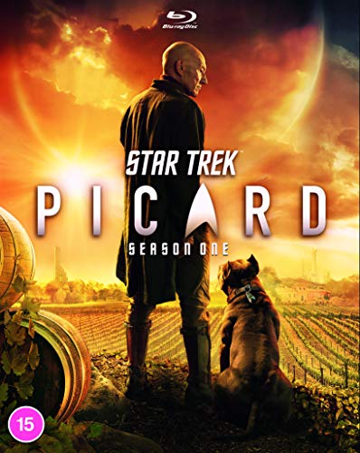 Blu-ray cover for Star Trek Picard Season One, featuring Picard and a dog.