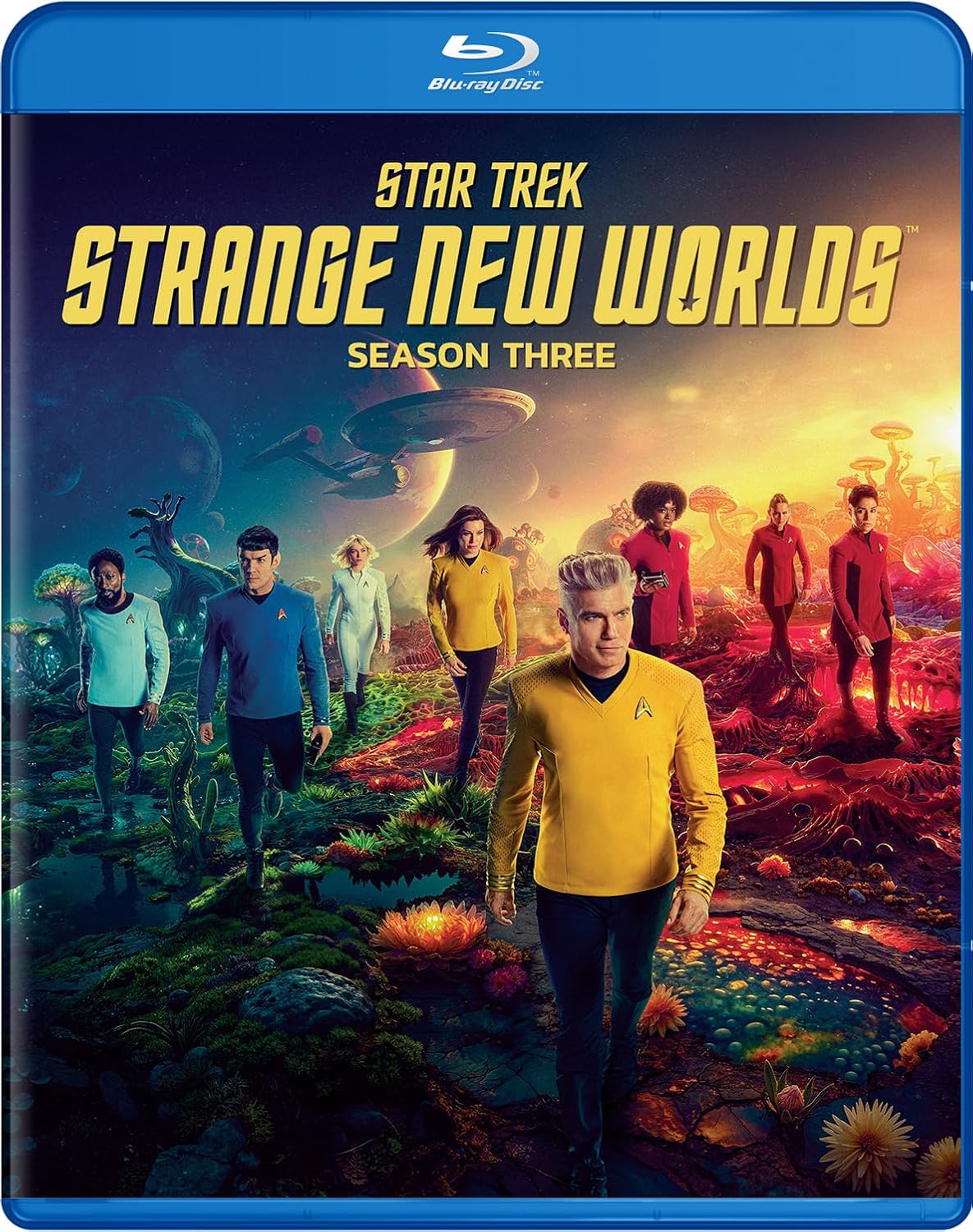 Blu-ray cover for "Star Trek: Strange New Worlds" Season Three with cast.