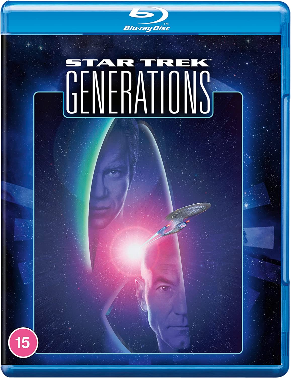 Star Trek Generations Blu-ray cover featuring Picard and Soran, with the Enterprise.