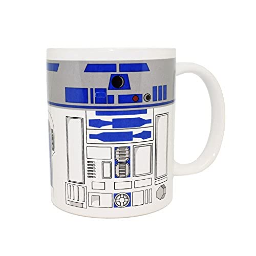 White ceramic mug featuring a blue and grey R2-D2 robot design.