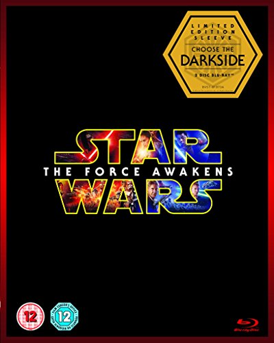 "Blu-ray case for 'Star Wars: The Force Awakens' with dark grey cover and red trim."