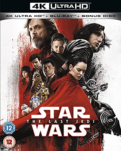 “Star Wars: The Last Jedi” Blu-ray cover featuring film characters and red accents.