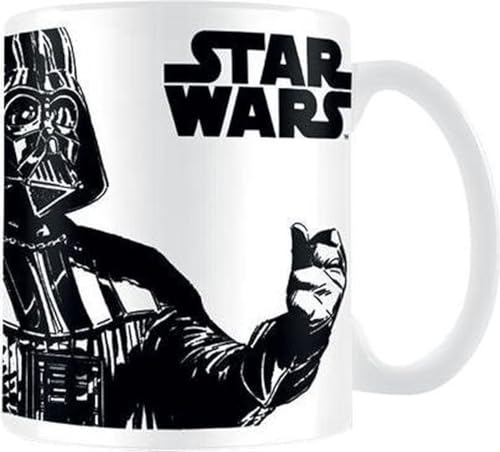 White ceramic mug featuring a black and white illustration of Darth Vader and logo.
