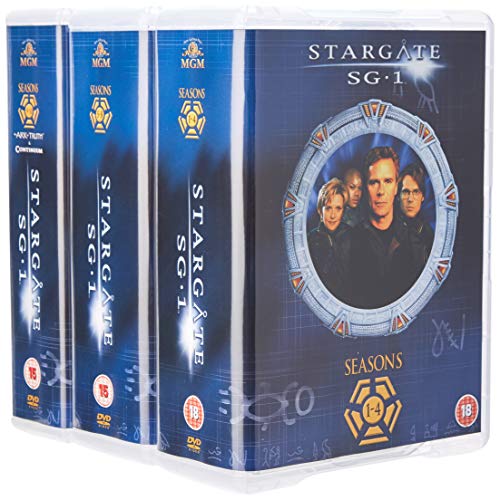 Stargate SG-1 Seasons 1-4 DVD box set with cast members inside a stargate frame.