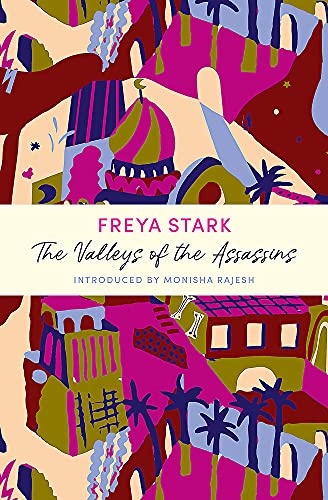 Book cover with abstract colorful illustrations of buildings and palm trees, titled Freya Stark.