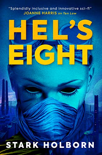 Book cover: close-up of a blue-skinned woman wearing a mask, futuristic city background.