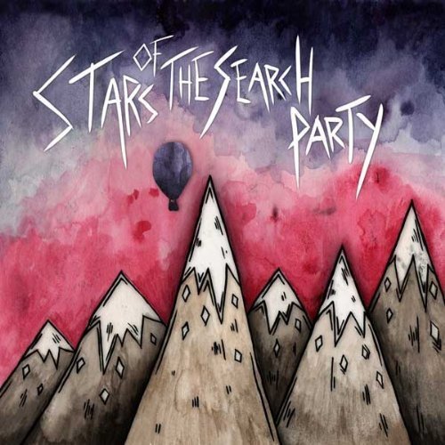 Painted album cover with mountains, a hot air balloon, and text.