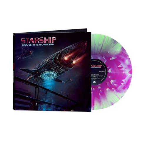Starship “Greatest Hits Relaunched” vinyl record with colorful, swirled disc.