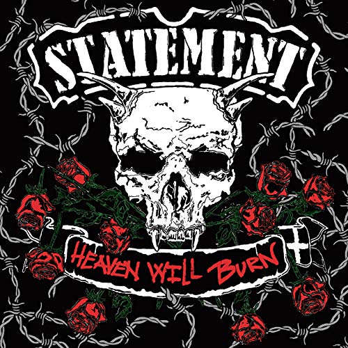 Skull with horns, roses, and barbed wire against a black background.