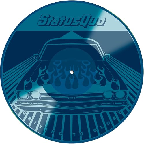 Circular vinyl record featuring a blue illustration of a car with flames.
