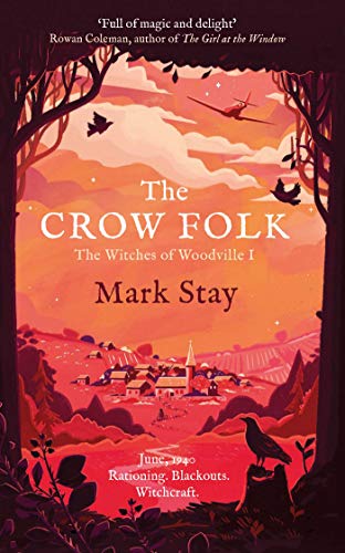Book cover illustration featuring a village, crows, and a plane at sunset.