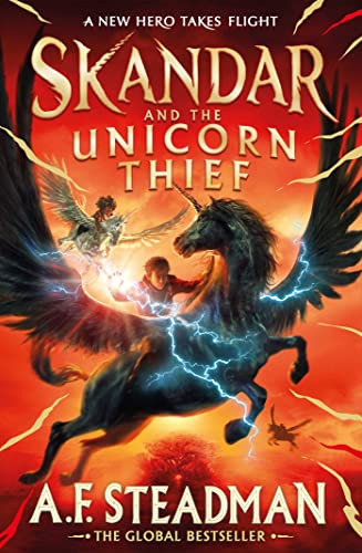 Book cover showing a boy riding a winged unicorn amidst lightning against red sky.