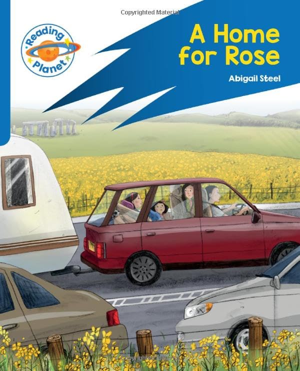 BookHills and yellow flowers background a red car towing a white caravan.
