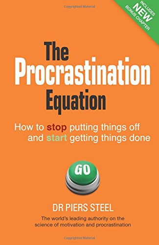 "Book cover with orange background, green button, and title 'The Procrastination Equation'."