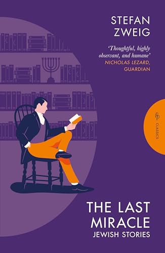 Book cover: man reading in front of bookshelves, purple background.