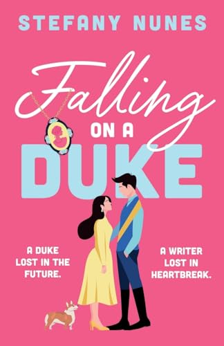Book cover: couple, ornate necklace, and corgi on pink background.