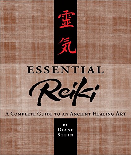 Book cover for Essential Reiki by Diane Stein with red Japanese calligraphy on brown.