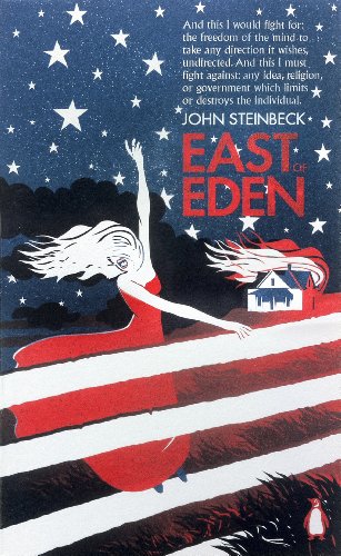 Book cover for East of Eden featuring a woman in red under a starry sky.
