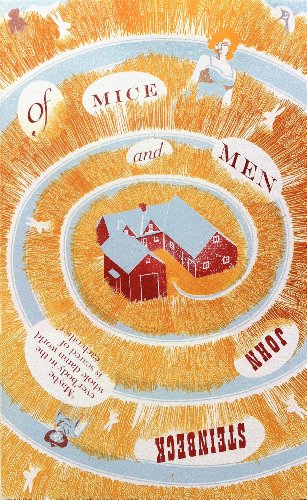 Vintage book cover for "Of Mice and Men" with farm building illustration.
