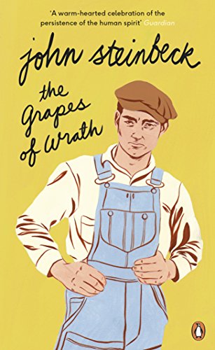 Book cover of “The Grapes of Wrath” featuring an illustrated man in overalls.