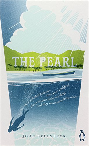 "Book cover of 'The Pearl' by John Steinbeck, featuring diver and boat illustration."