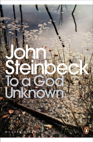 Book cover for To a God Unknown by John Steinbeck featuring a pond surface.