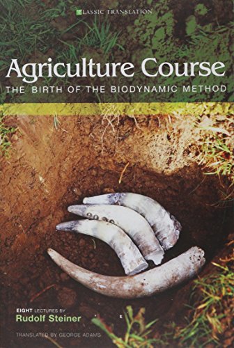 Book cover showing cow horns buried in soil with title Agriculture Course by Rudolf Steiner.
