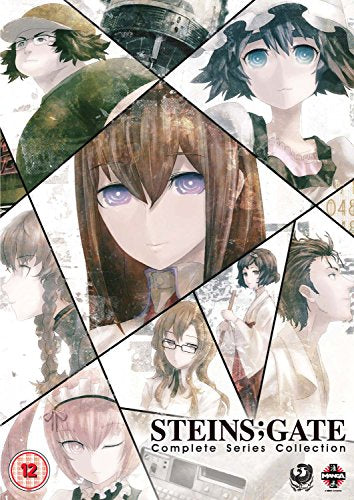 Steins;Gate anime DVD cover featuring a collage of character portraits in geometric frames.