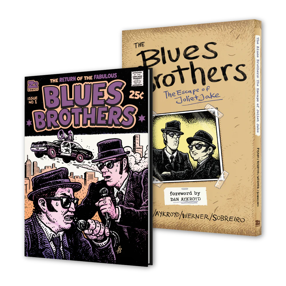 The Blues Brothers comic book and its accompanying slipcase featuring illustrated characters in hats.
