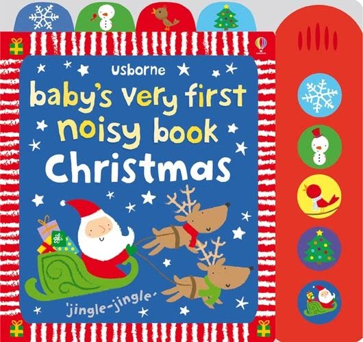 Usborne Baby's Very First Noisy Christmas book with sound buttons and Santa sleigh illustration.