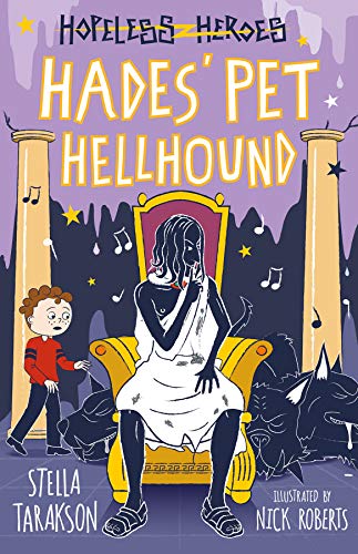 Book cover: boy, gloomy figure on throne, and three-headed dog.