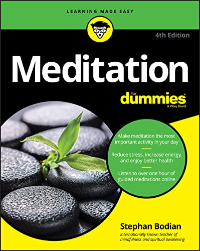 Book cover: "Meditation for Dummies" with stacked stones and green leaves.