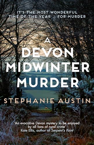 Book cover with winter landscape and title A Devon Midwinter Murder by Stephanie Austin.