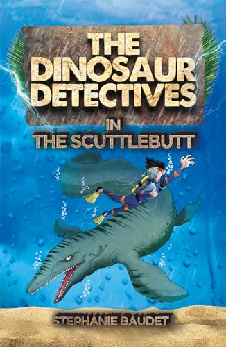 A scuba diver swims on the back of a large green prehistoric marine reptile.