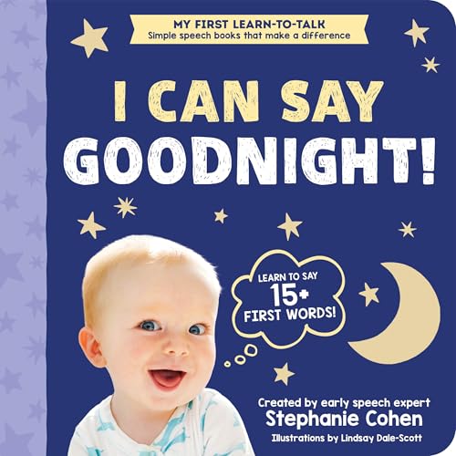 Board book cover with a baby, stars, and the title "I Can Say Goodnight!