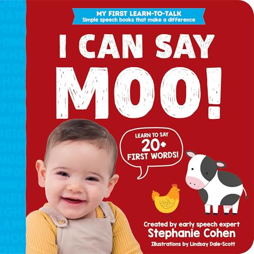 Red board book cover with a baby, cow, and chicken illustrations.