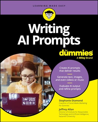 Book cover for Writing AI Prompts For Dummies featuring a woman using a laptop.