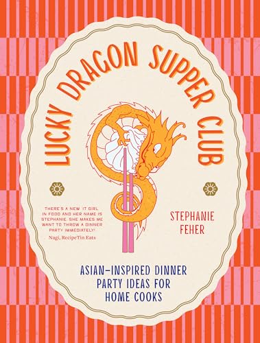 Cookbook with Asian-inspired dinner ideas, colorful food images, and elegant party settings.