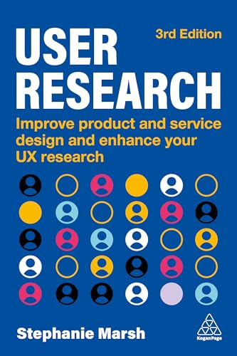 Book cover: "User Research" by Stephanie Marsh, with colorful circle graphics.
